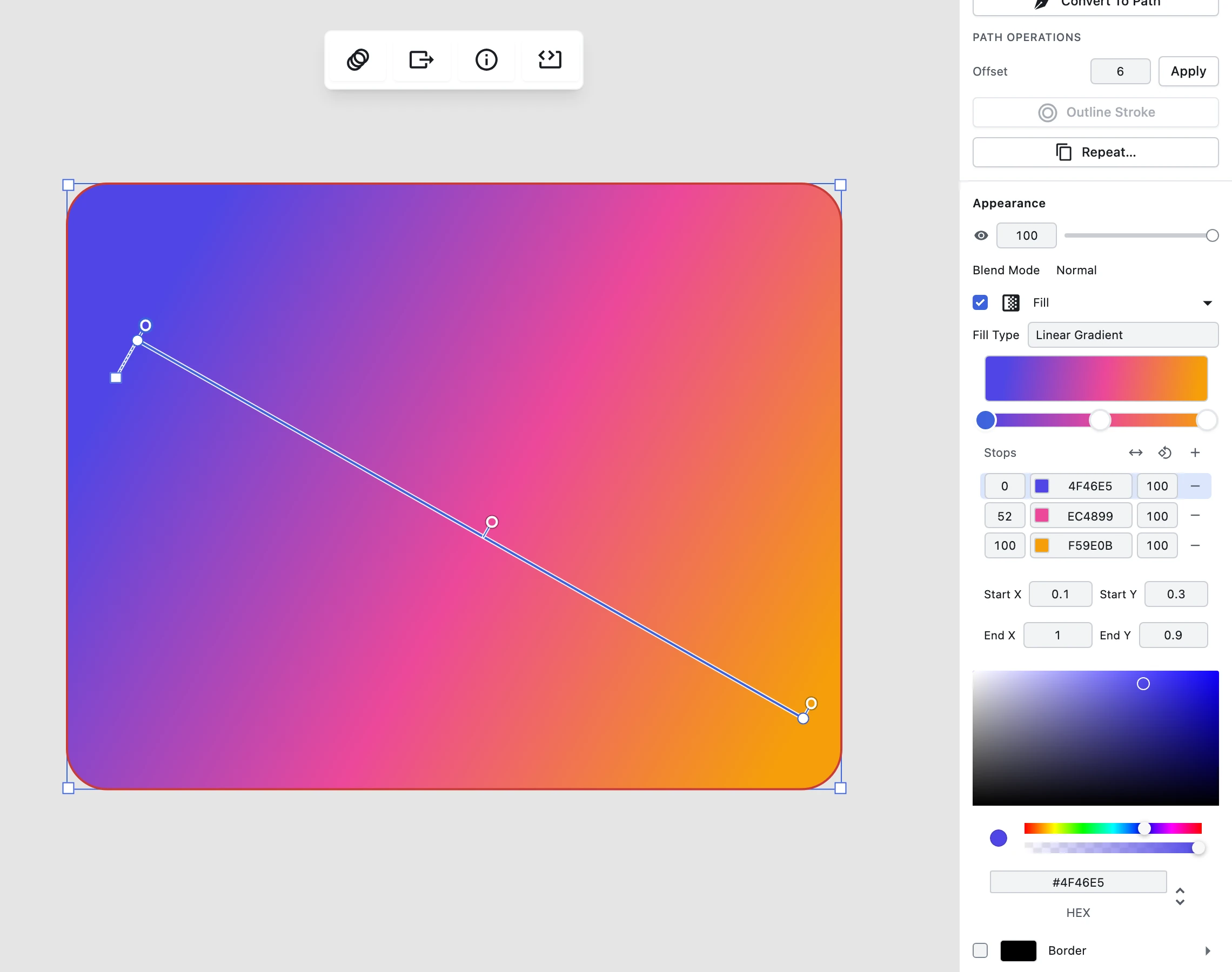 A gradient-filled card in the Figpea editor with the on-canvas gradient overlay active: a draggable line across the layer with a round anchor at each end, a handle for the middle colour stop, and a perpendicular width handle — beside the inspector's gradient Stops table listing each stop's offset, hex and opacity with Reverse and Rotate 90 degree actions