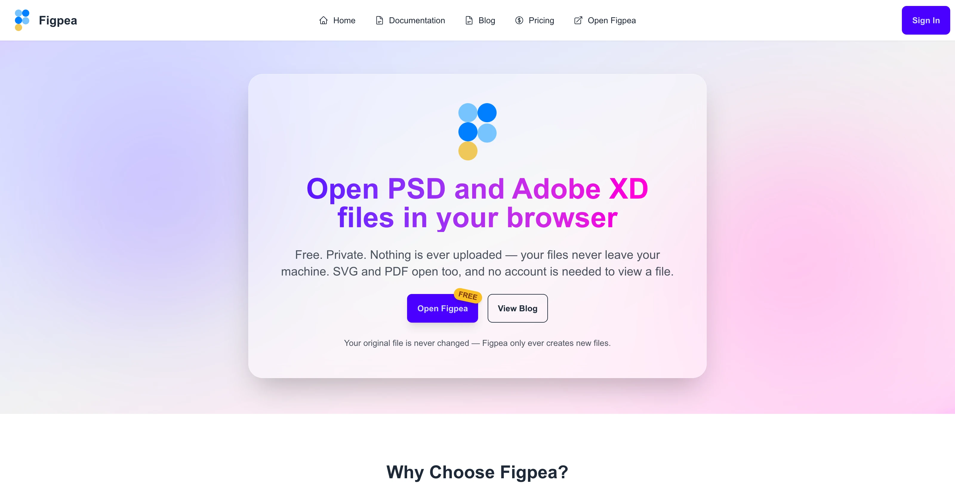 The Figpea homepage hero with the file-lifecycle disclosure directly under its two call-to-action buttons, stating that your original file is never changed and that Figpea only ever creates new files