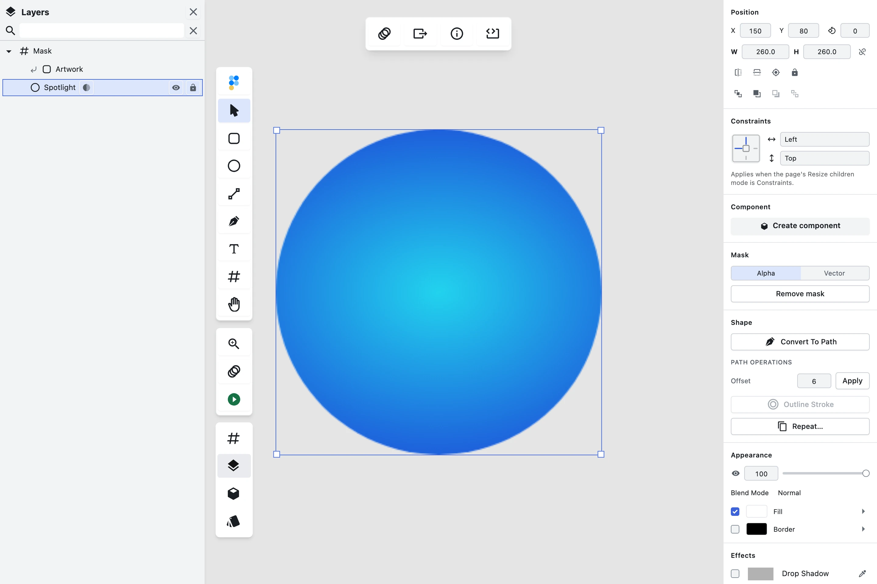 An ellipse used as an alpha mask over a radial-gradient rectangle in Figpea, the artwork clipped to the ellipse on canvas: the Layers list carries a mask indicator on the Spotlight row and a masked-marker on the Artwork row it affects, and the inspector's new Mask section shows Alpha selected beside Vector with a Remove mask action