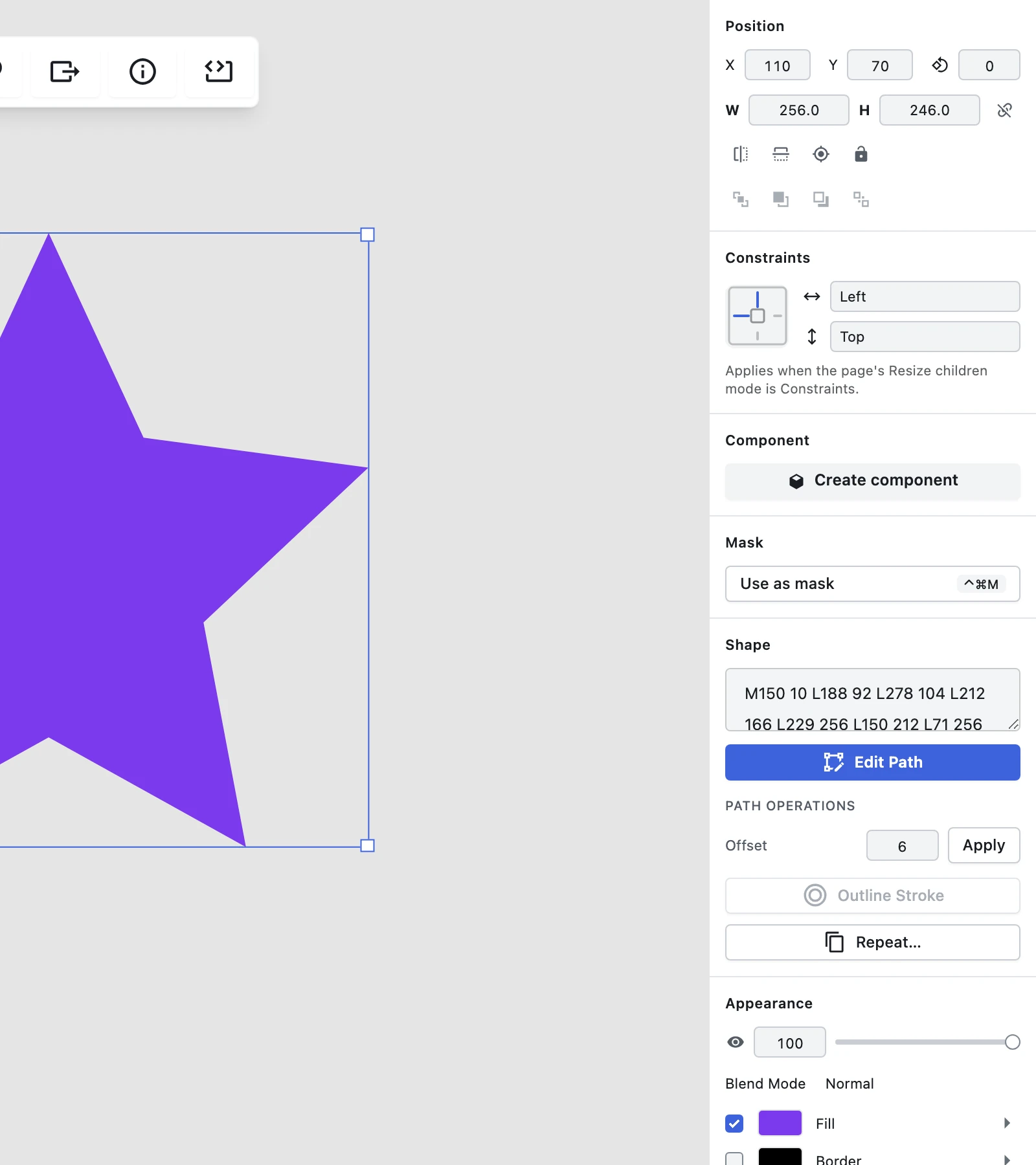 A star-shaped path selected in Figpea, with the inspector's Shape section showing the new Path Operations group — an Offset distance field with its Apply button, and Outline Stroke, which is greyed out because this layer has a fill and no border — where the Border cluster used to hold Outline Stroke on its own