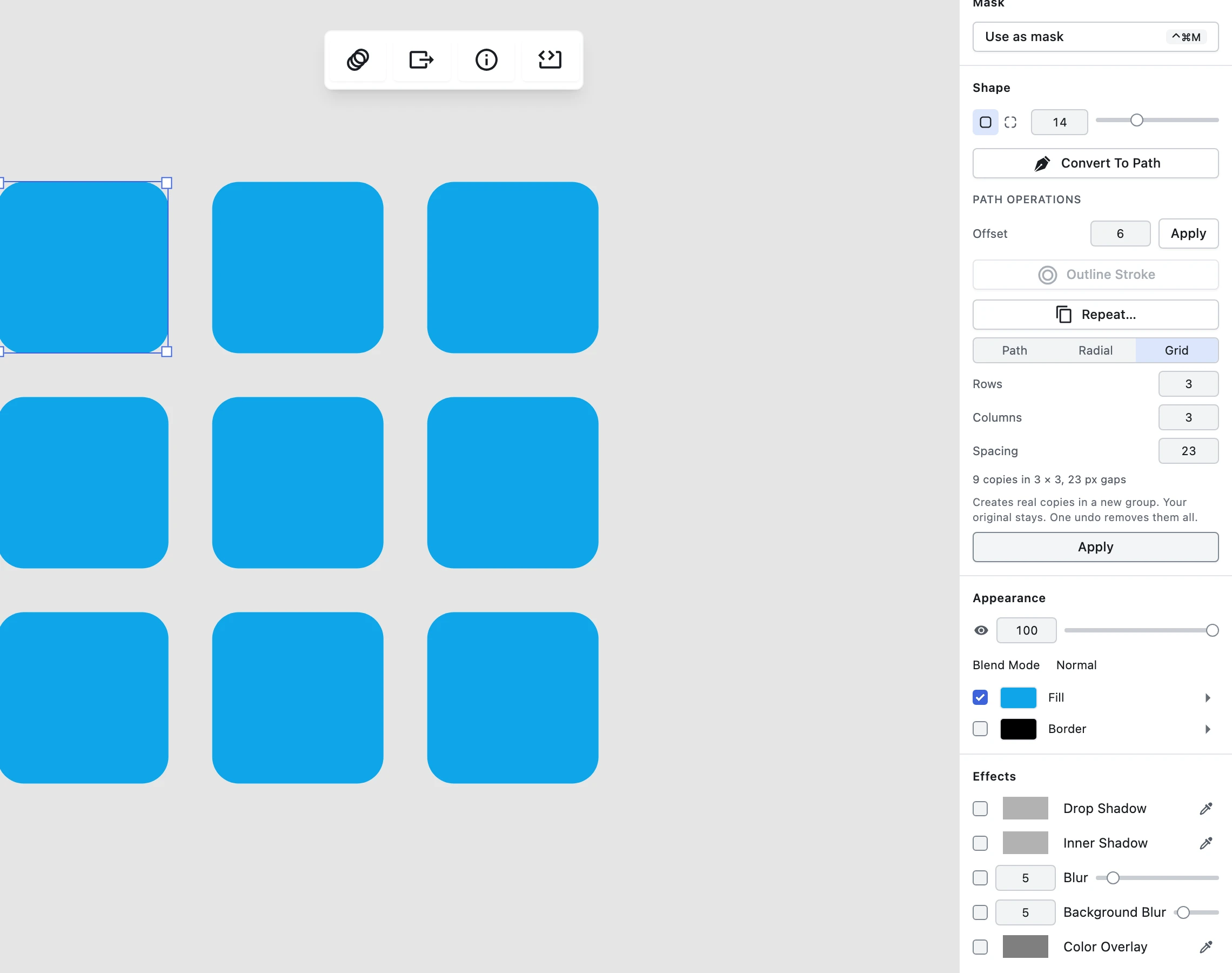 Figpea's new Repeat editor open in the inspector on a rounded square, set to Grid mode with its Rows, Columns and Spacing fields, beside the canvas showing the grid of real, editable copies it produced
