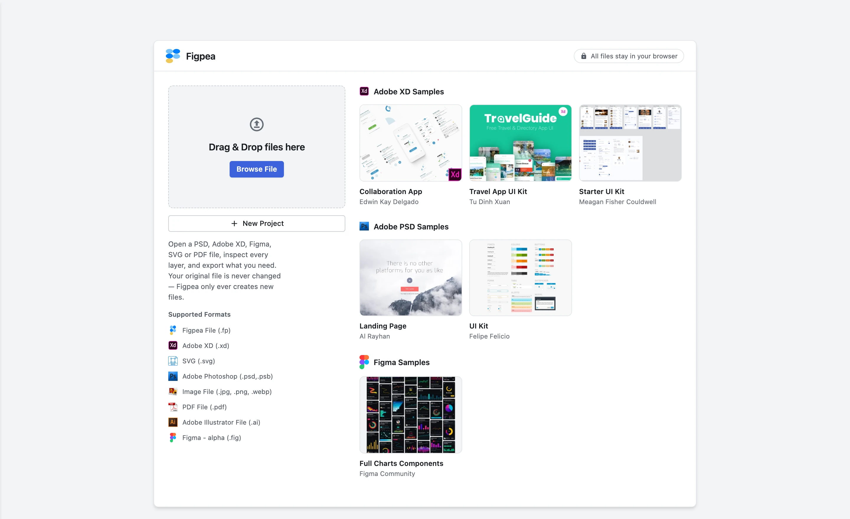 Figpea's redesigned welcome screen: one primary Browse File action over a drop zone, a grouped and aligned list of the supported formats, sample project tiles at a consistent size grouped by source format, and the plain statement that your original file is never changed because Figpea only ever creates new files