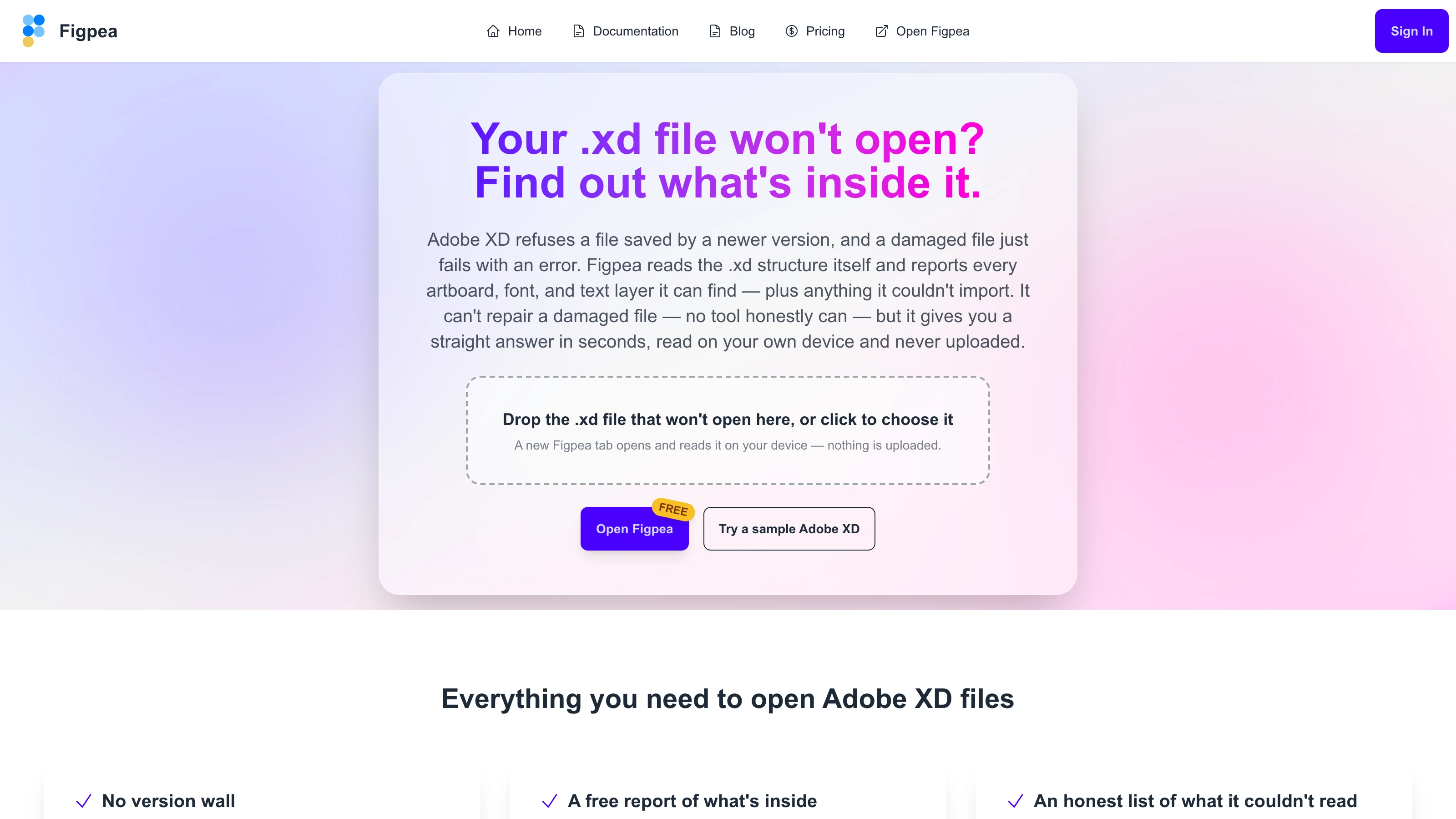 Figpea's new landing page for an Adobe XD file that will not open, headed "Your .xd file won't open? Find out what's inside it." — it explains that Figpea reads the .xd structure and reports every artboard, font and text layer it can find plus anything it could not import, states plainly that it cannot repair a damaged file because no tool honestly can, and offers a drop zone that reads the file on your own device
