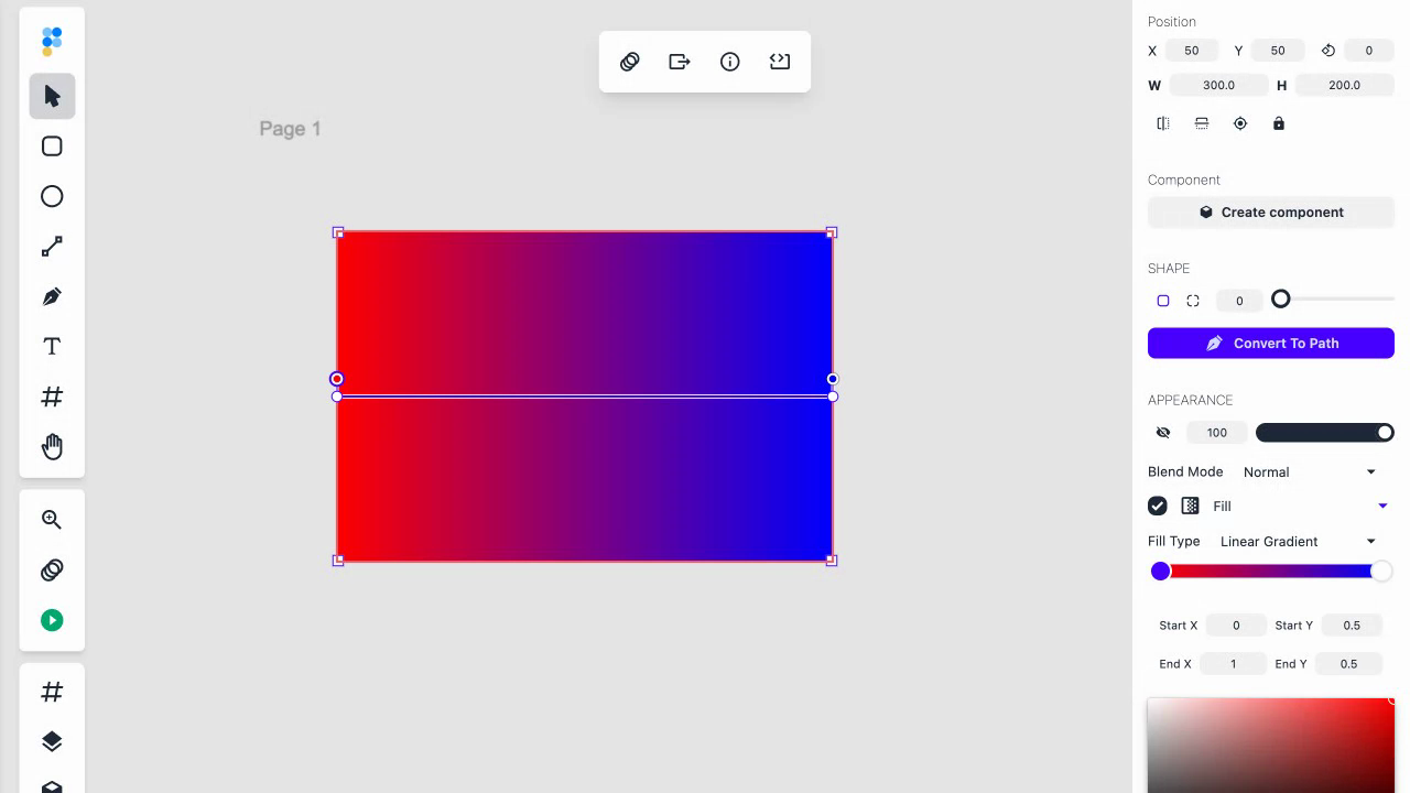 A rectangle with a horizontal gradient, showing two endpoint anchors connected by a horizontal axis line with color stops along it