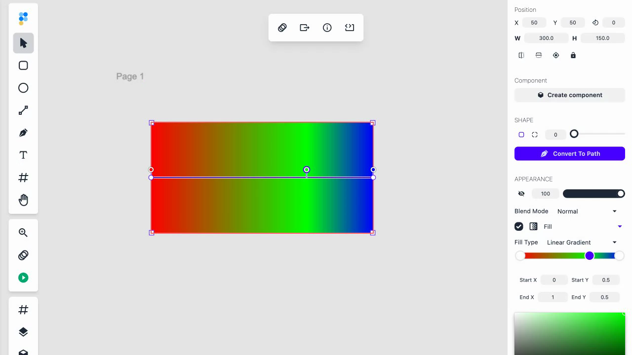 A rectangle with a three-color gradient, showing a stop handle positioned mid-way along the gradient axis at approximately 70% of the distance