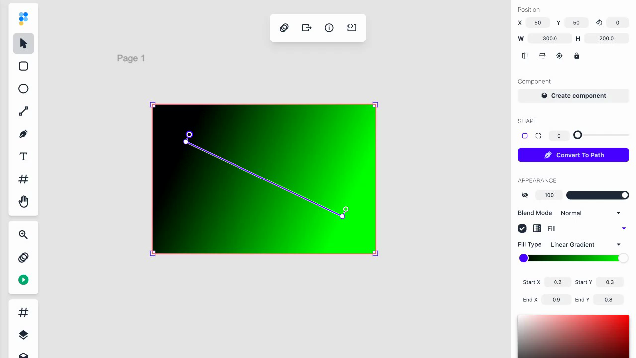 The same rectangle after dragging the gradient vector diagonally from upper-left to lower-right, with the endpoint anchors and axis repositioned