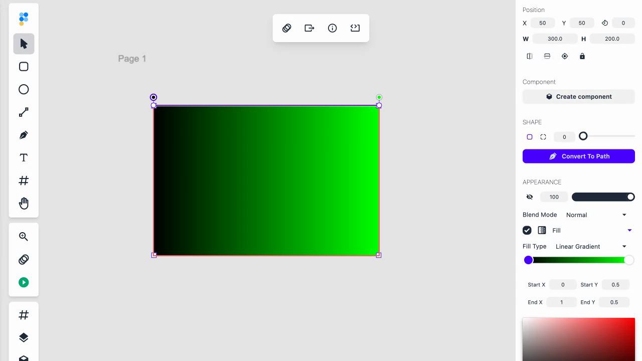 A solid-filled rectangle with the default horizontal gradient ramp, its two endpoint anchors sitting at the left and right mid-edges