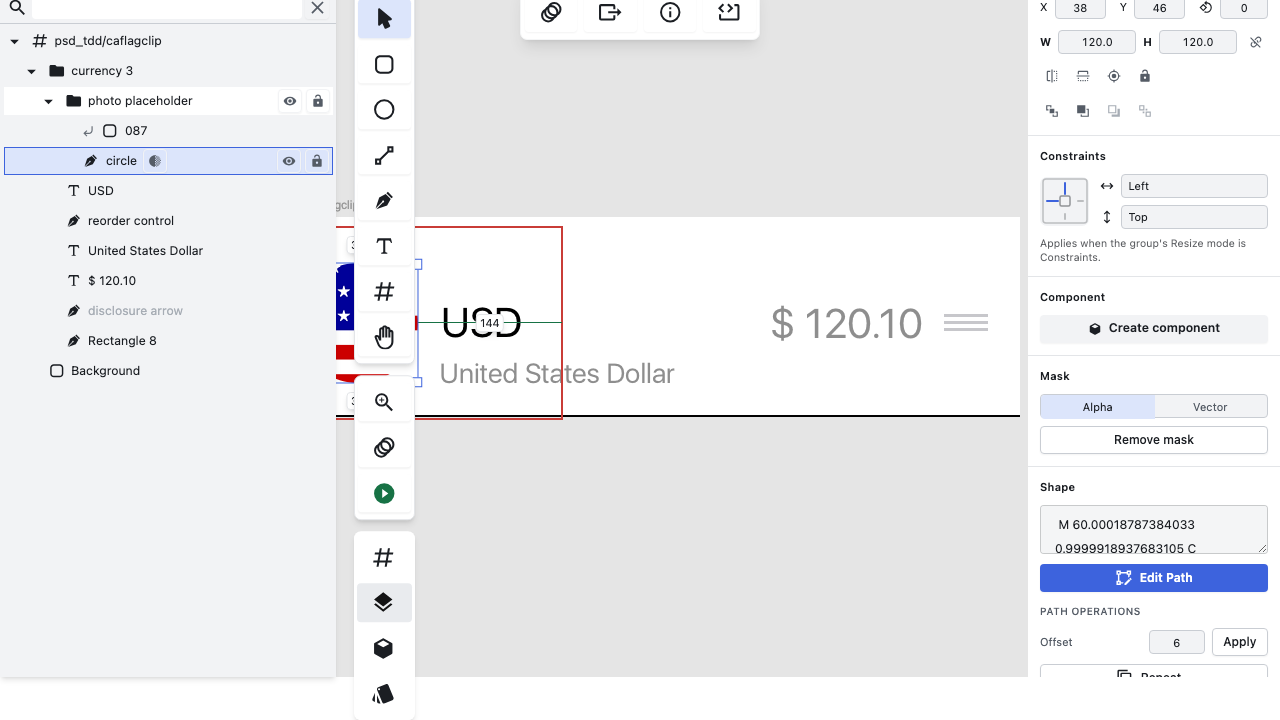 The inspector's Mask section open on a selected mask layer, showing the Alpha/Vector control and Remove mask button
