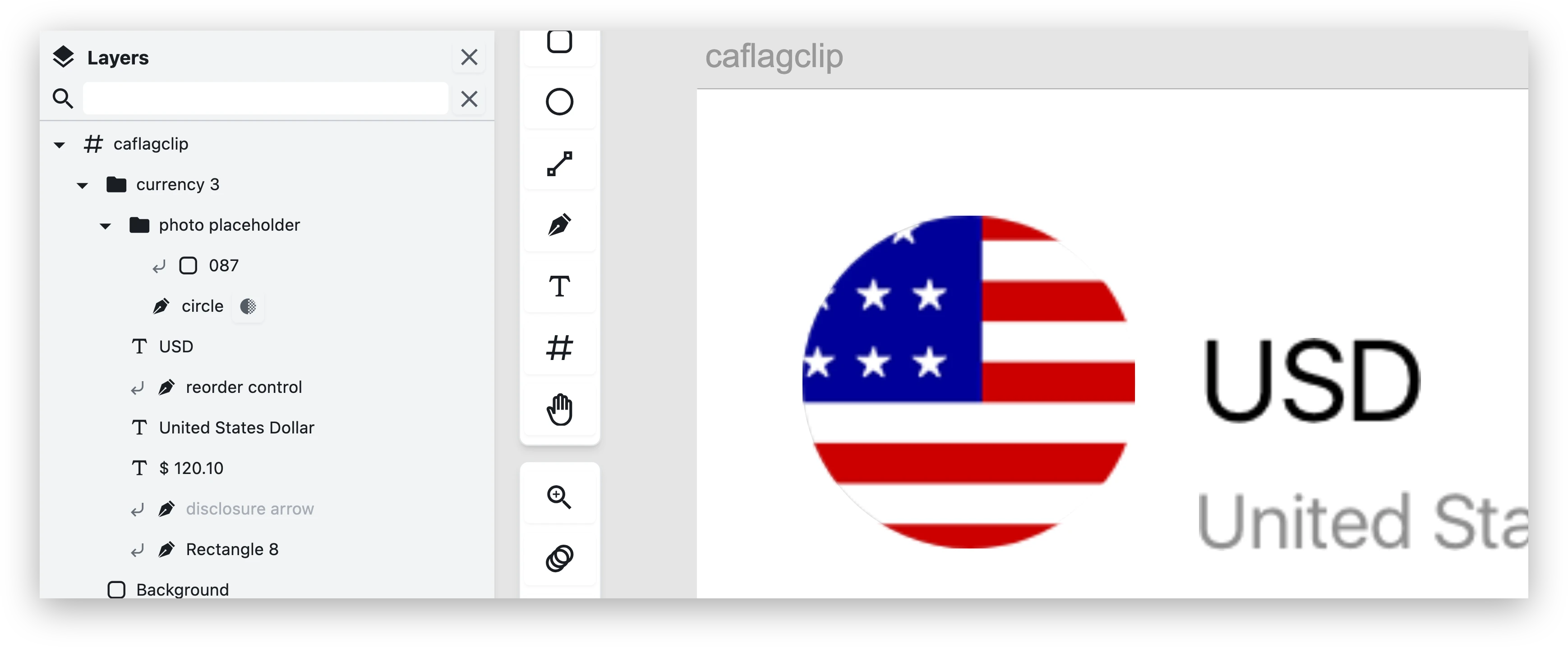 The Figpea layer list with the circle row carrying an alpha-mask indicator and the 087 row above it carrying a masked-marker, beside the canvas where the flag artwork is clipped to that circle