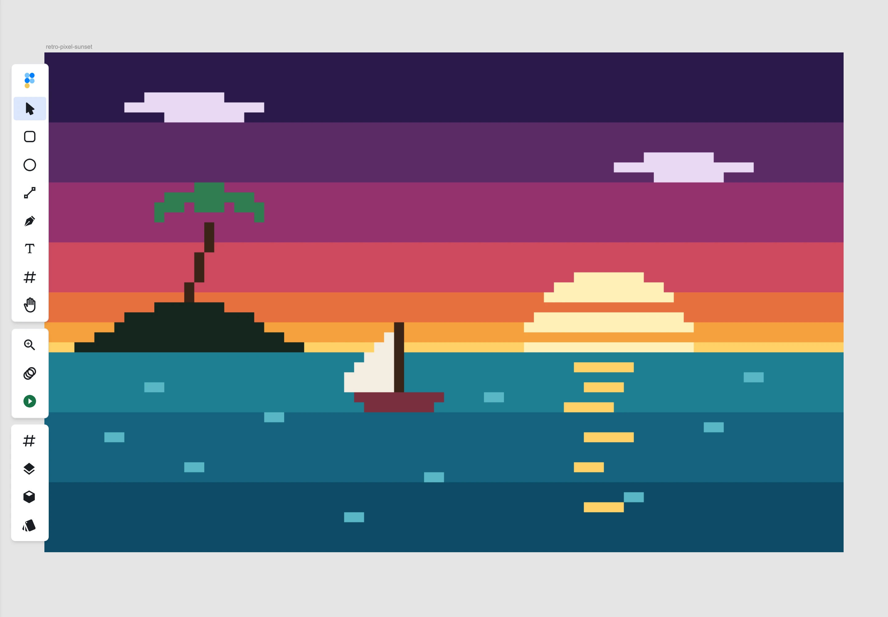 The same pixel-art sunset at rest on the Figpea canvas once the Indexed Color PSD has finished decoding, every flat block an exact entry from the file's own color table