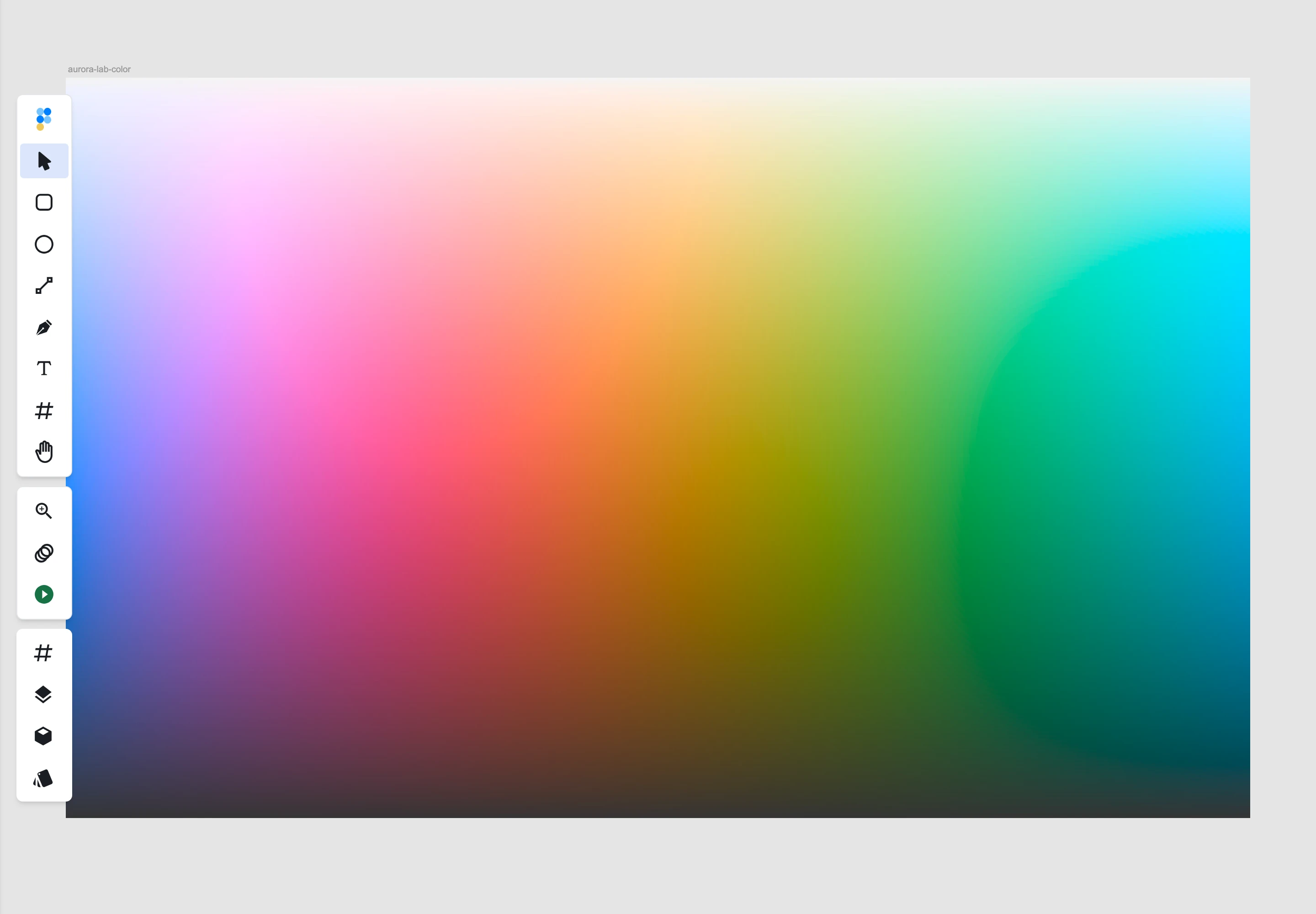 A Lab-colour Photoshop document named aurora-lab-color open on the Figpea canvas, filling the frame with a smooth full-spectrum gradient running from blue and violet through magenta, orange and yellow into green and cyan, with the editor's tool rail down the left