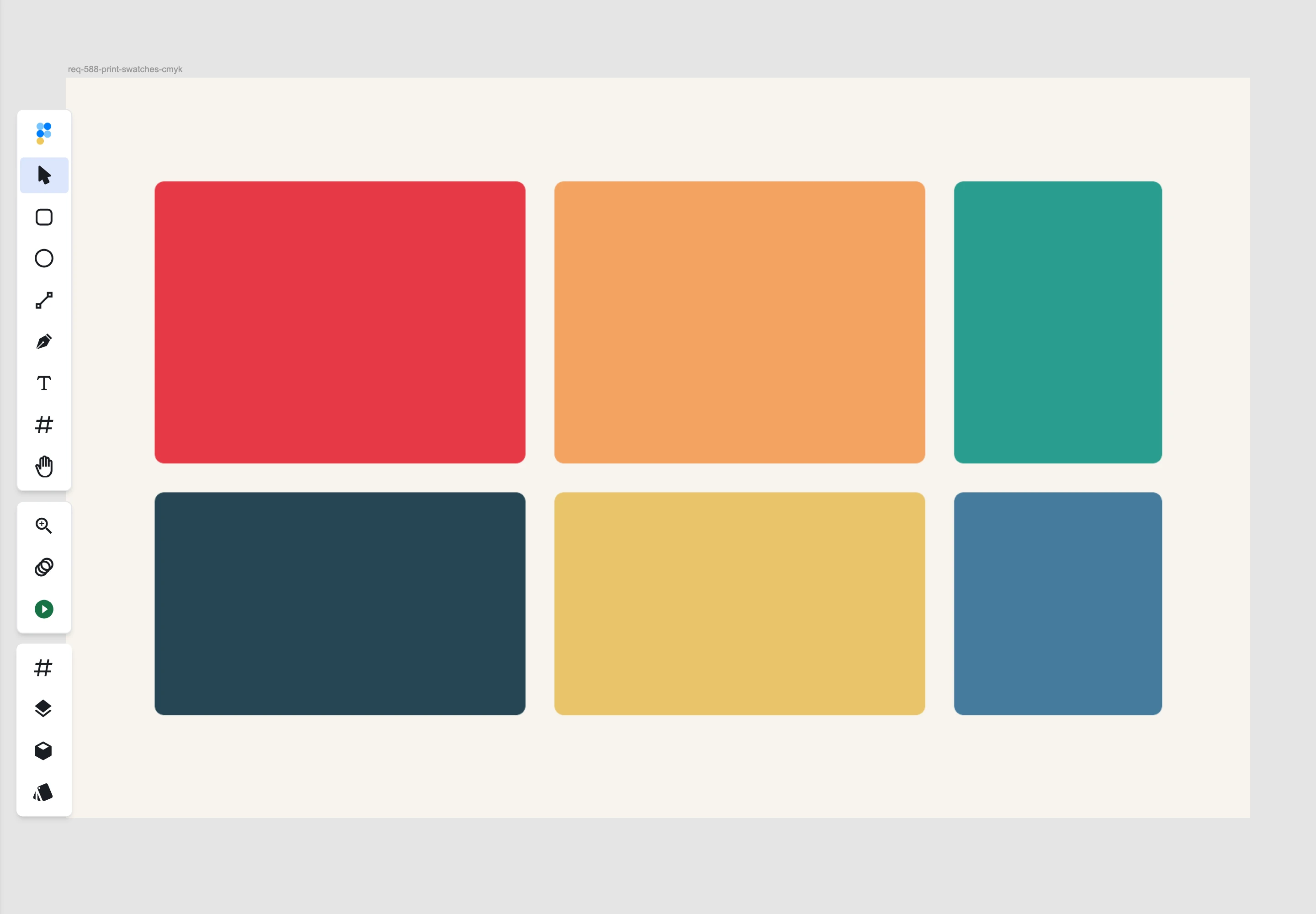A CMYK Photoshop document open on the Figpea canvas, its print color swatches converted to sRGB for display in the browser