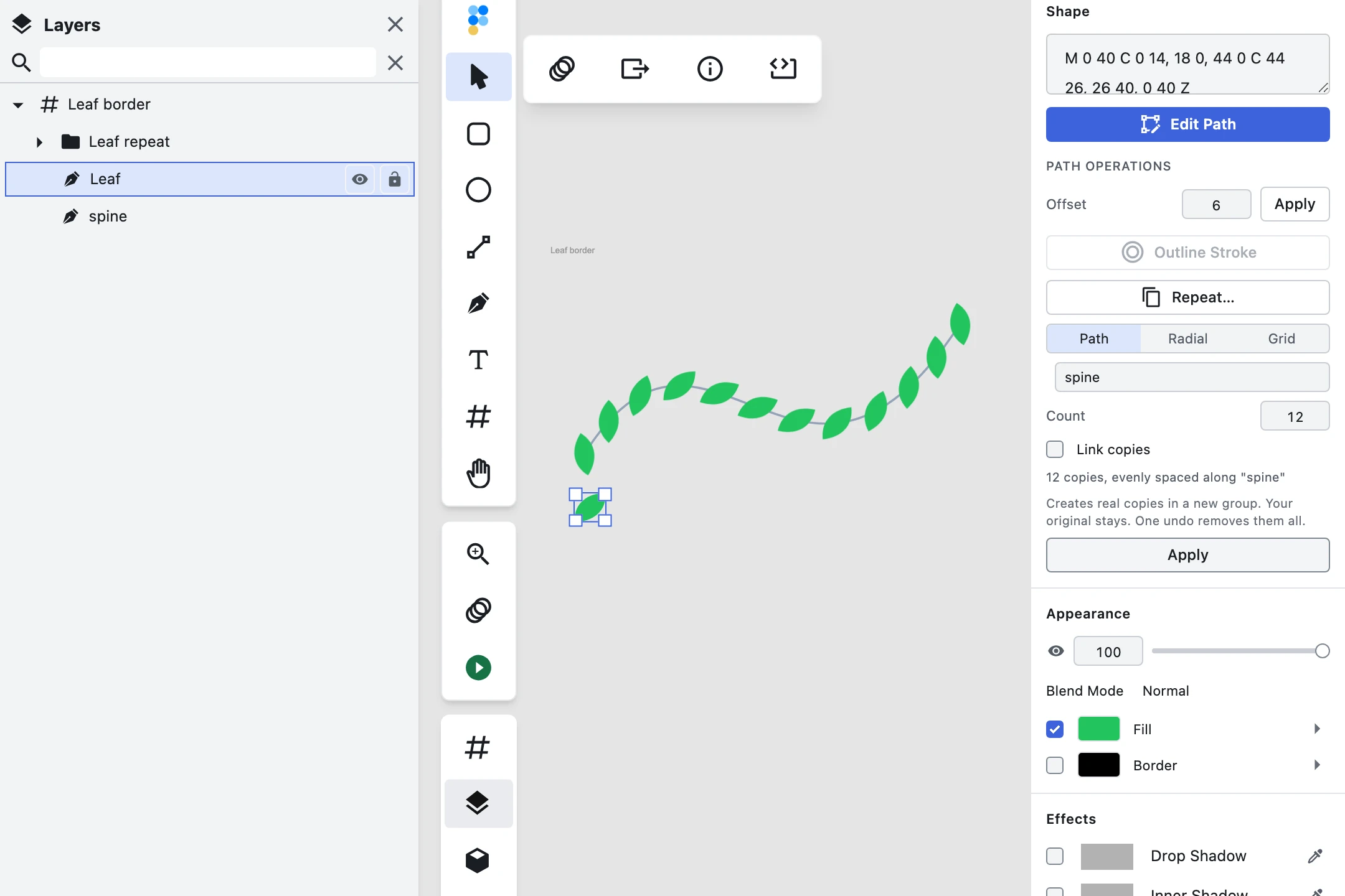 Twelve leaf shapes evenly distributed along an S-curve in Figpea, each rotated to follow the curve at its own position, with the new "Leaf repeat" group visible in the layer list