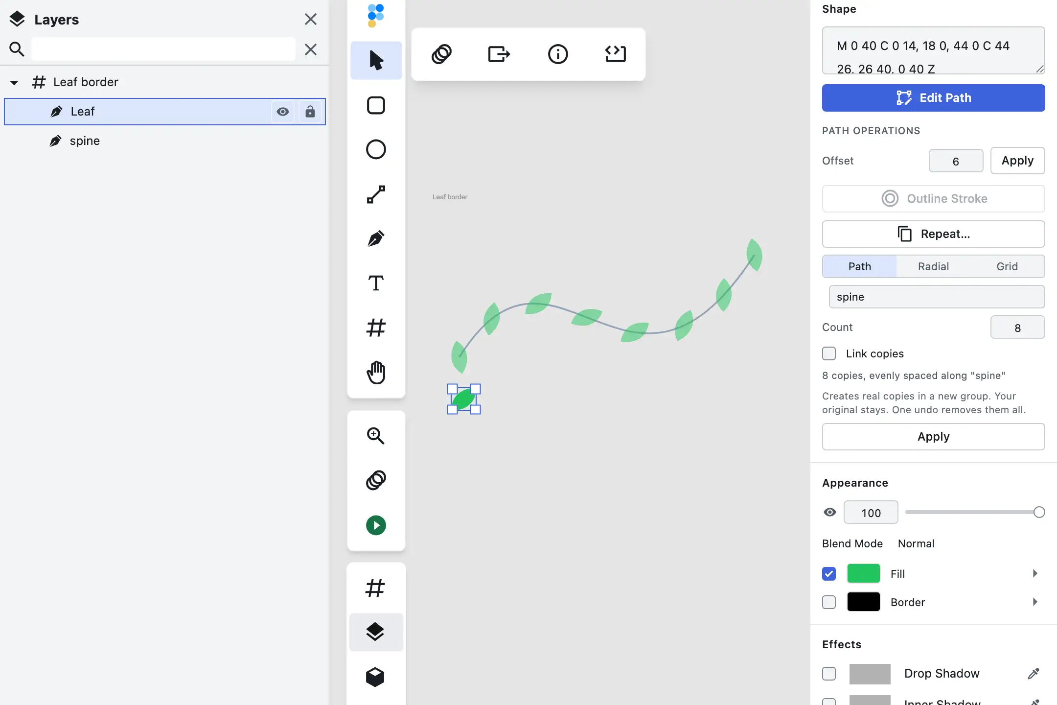 Figpea's Repeat panel in Path mode with a curve chosen in the Path dropdown, the Count field being raised, and half-opacity ghost copies redistributing along the curve on the canvas