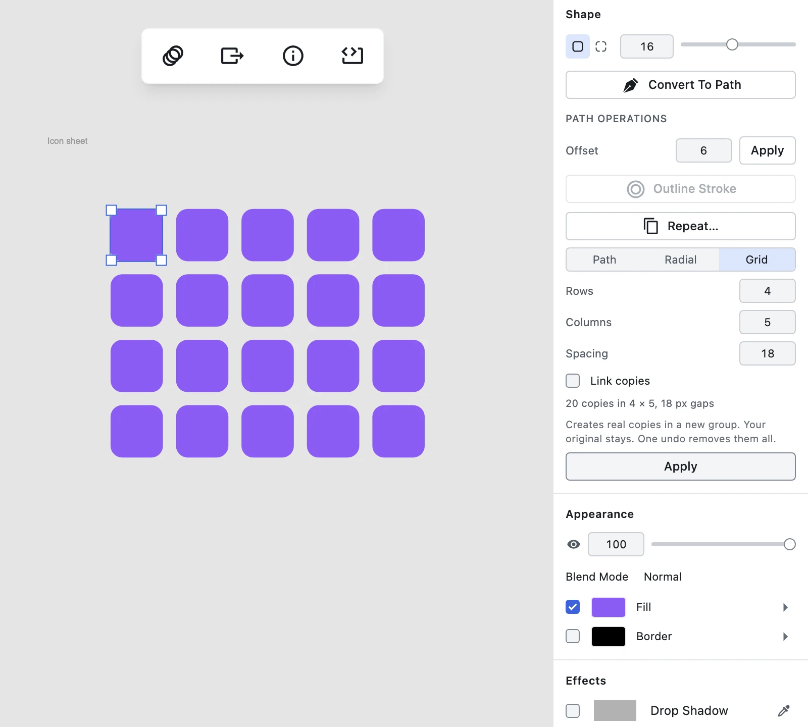 A four-by-five grid of icon copies in Figpea, evenly spaced right and down from the original shape in the top-left cell