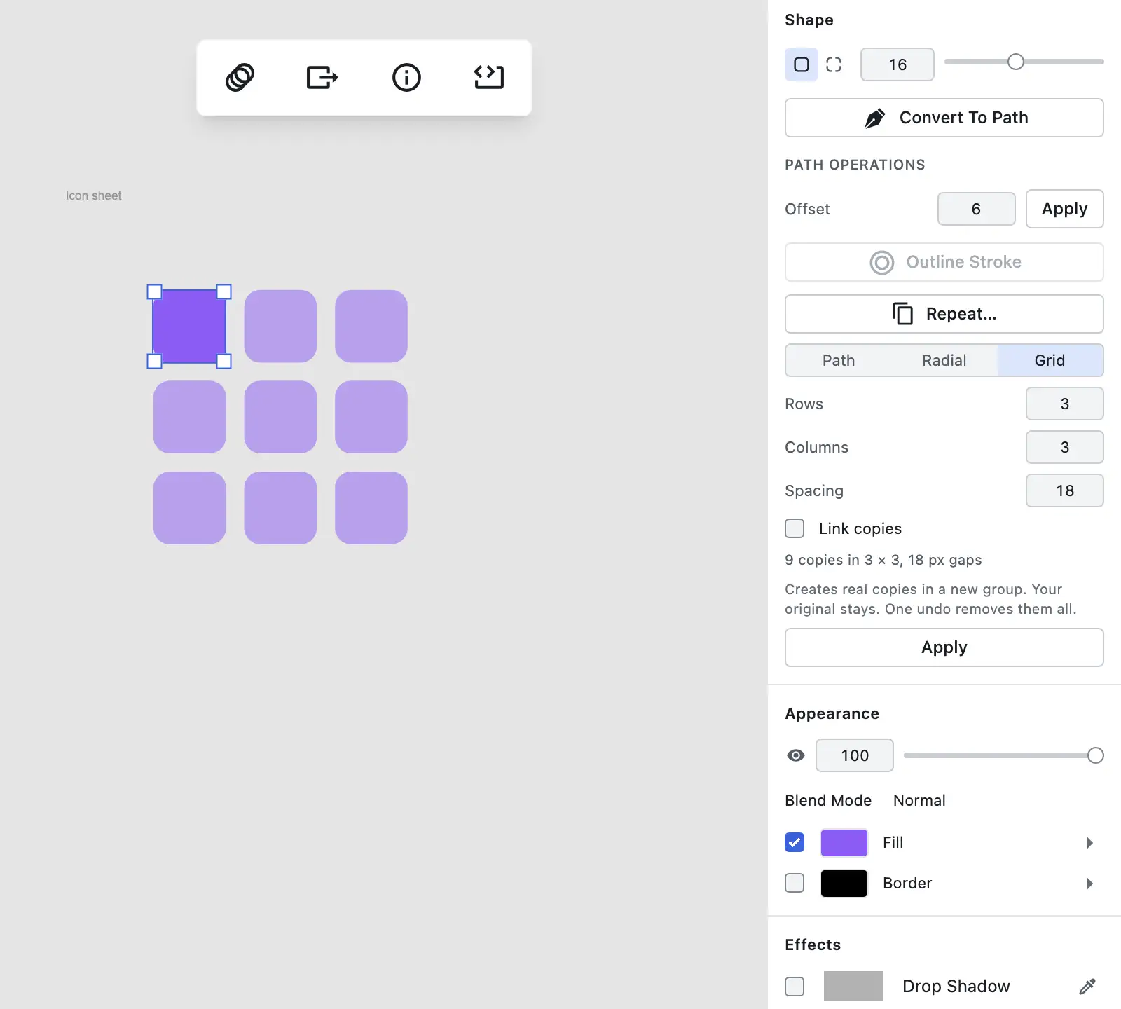 Figpea's Repeat panel in Grid mode with Rows, Columns and Spacing set, and a ghost matrix of copies filling right and down from the source shape