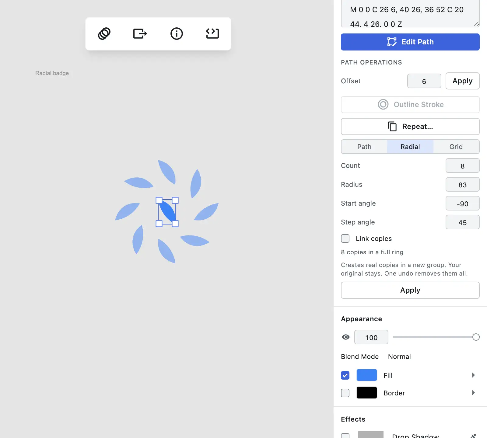 Figpea's Repeat panel in Radial mode showing Count, Radius, Start angle and Step angle, with ghost copies forming a ring around the source shape on the canvas