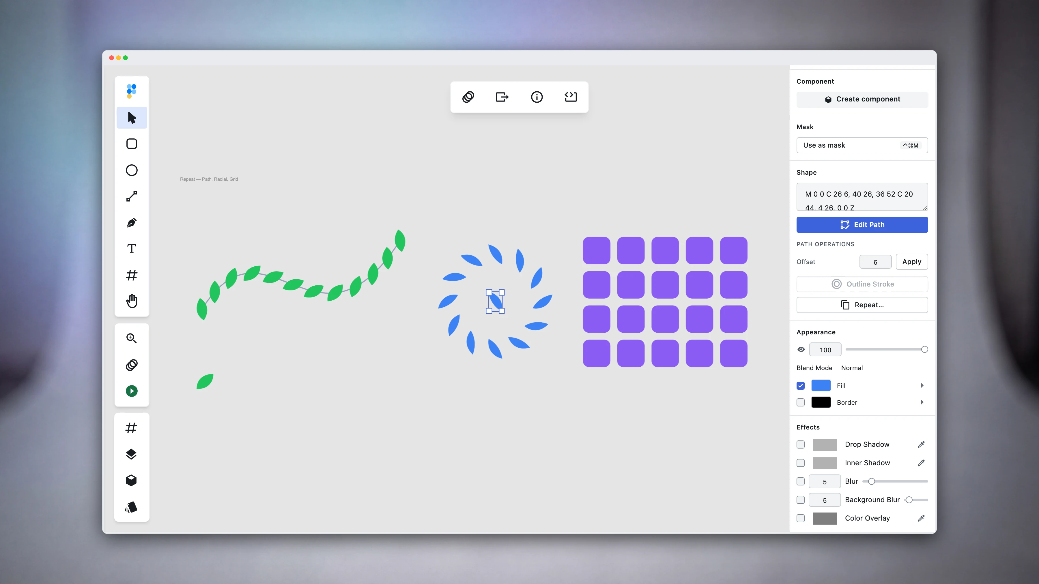Three results of Figpea's Repeat tool on one canvas: a leaf shape repeated along an S-curve, a petal shape arranged into a twelve-point ring, and a rounded-square icon cloned into a four-by-five grid