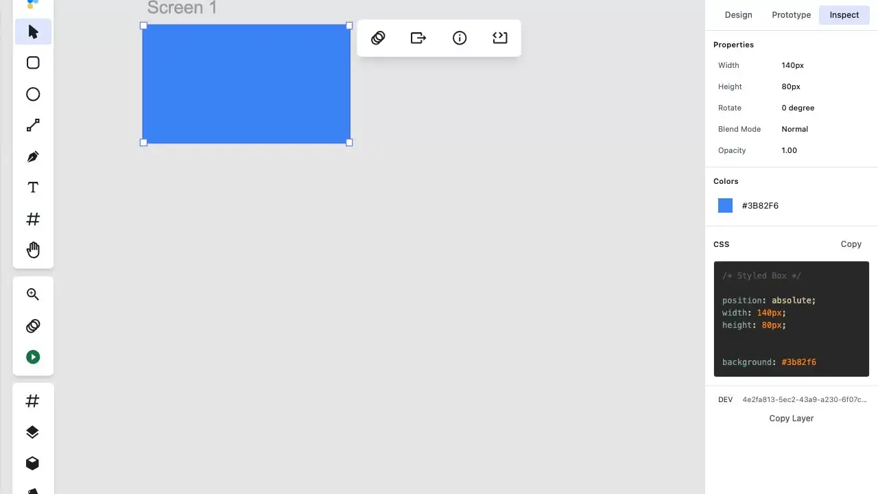 Animated demonstration of copying generated per-layer CSS code from Figpea's Inspect tab
