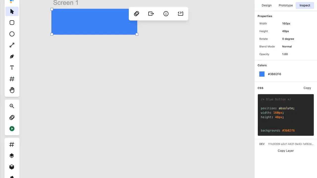 Animated demonstration of clicking color swatches and property rows in Figpea's Inspect tab to copy values to the clipboard