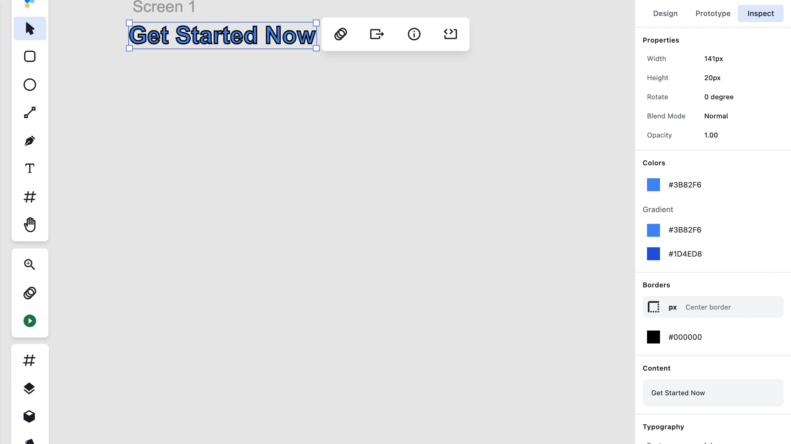 Figpea's inspector with the Inspect tab active, showing a Properties panel (Width 141px, Height 20px, Rotate 0 degree, Blend Mode Normal, Opacity 1.00), a Colors panel with a #3B82F6 swatch, a Gradient panel with two swatches, a Borders panel, and a Content panel reading "Get Started Now", beside the selected text layer on the canvas