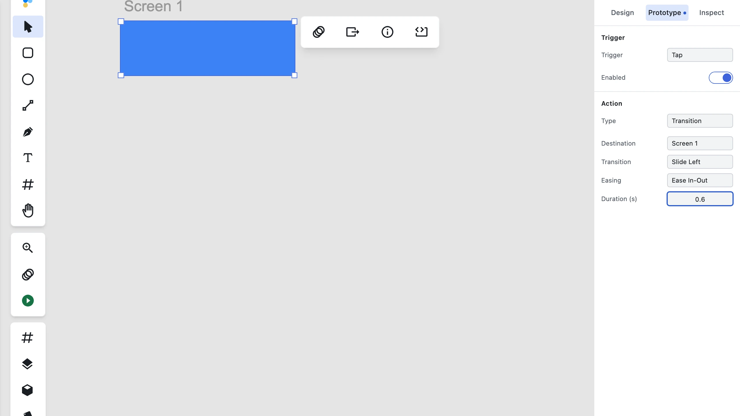 Figpea's inspector with the Prototype tab active and carrying a badge dot, showing a Trigger section with Trigger "Tap" and an Enabled toggle switched on, and an Action section with Type "Transition", Destination "Screen 1", Transition "Slide Left", Easing "Ease In-Out" and Duration 0.6, beside a selected blue rectangle on an artboard named Screen 1