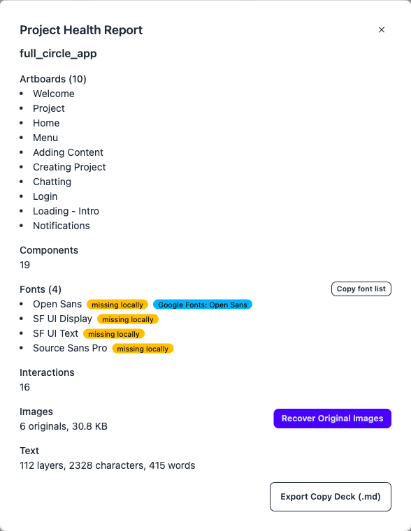 Health report showing artboard count, components, fonts, interactions, and embedded images