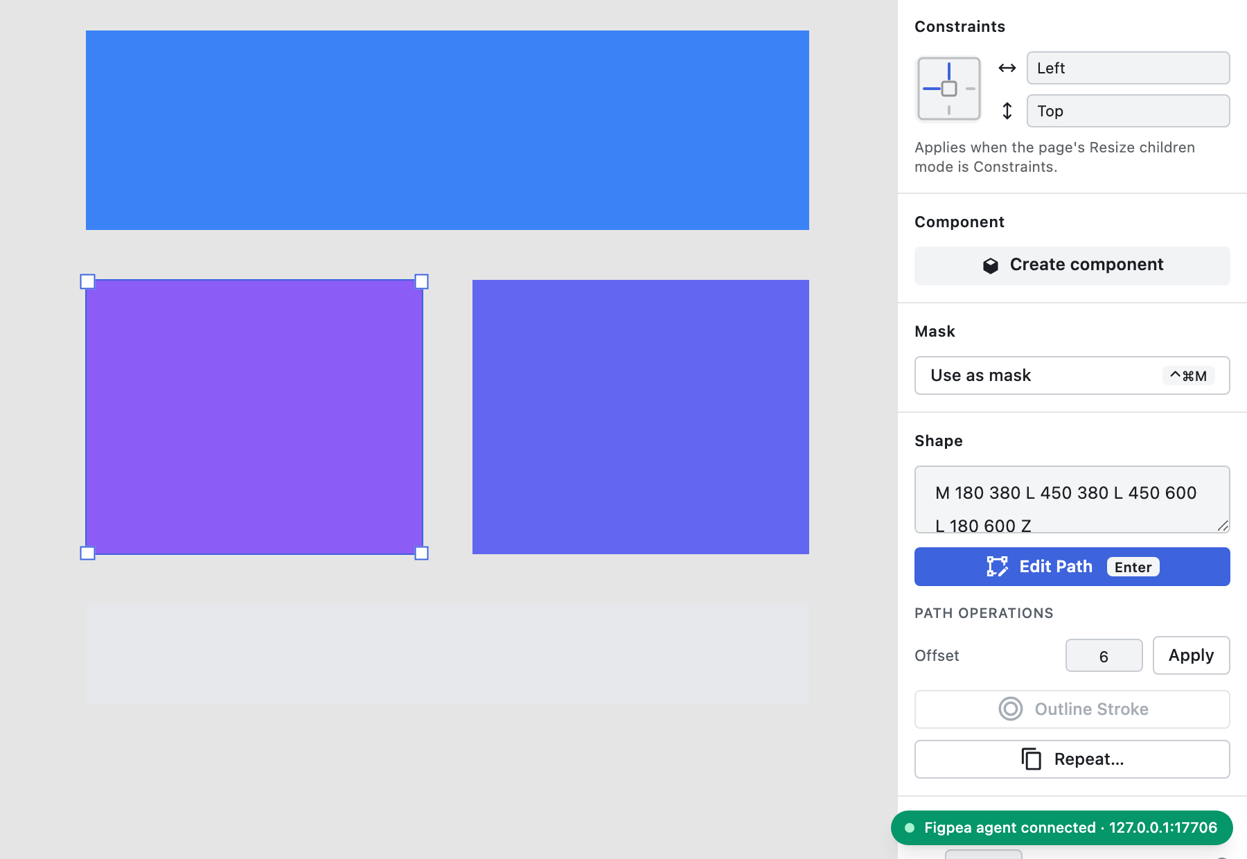 Figpea's editor after pairing, with the connect notice gone and an emerald "Figpea agent connected · 127.0.0.1:17706" pill in the lower-right corner