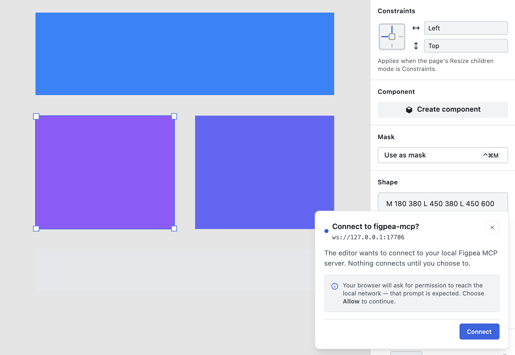 Figpea's editor canvas with a dialog reading "Connect to figpea-mcp?" above the address ws://127.0.0.1:17706, the text "The editor wants to connect to your local Figpea MCP server. Nothing connects until you choose to.", an information panel reading "Your browser will ask for permission to reach the local network — that prompt is expected. Choose Allow to continue.", a close button, and a blue Connect button
