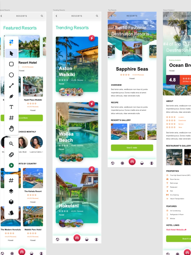 Figpea rendering the same travel app design file in a tablet browser, two screens filling the viewport